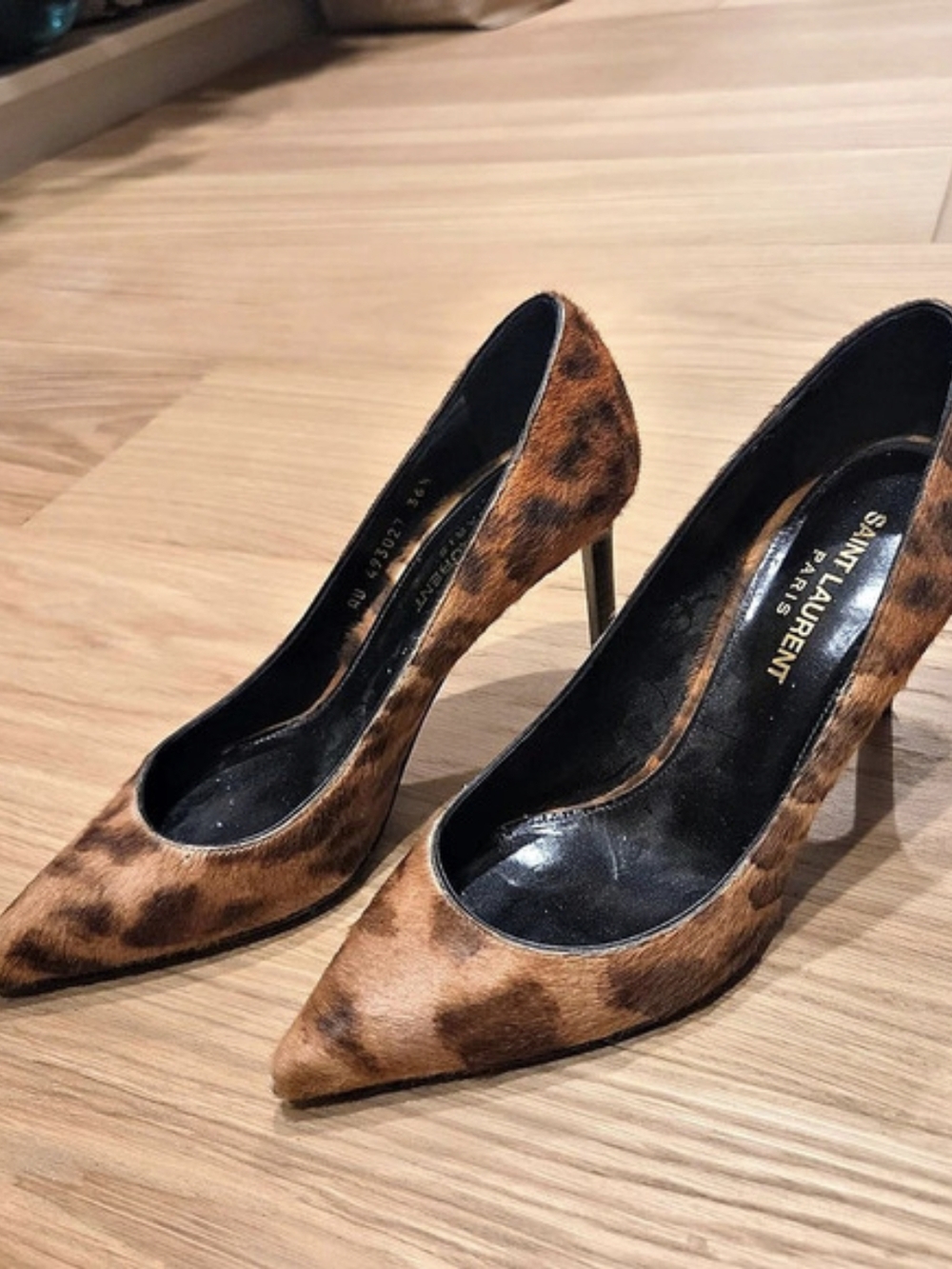 Saint Laurent Pointed Toe Pumps in Leopard Calf Hair Leopard Calf Hair